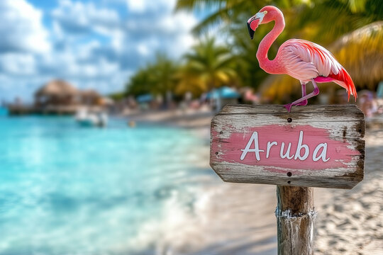 Exotic aruba beach with palm trees, pink flamingo tropical summer vibes wooden rustic sign board for text

