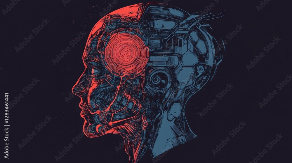 Aufkleber human head silhouette blending organic and mechanical elements with detailed cybernetic textures in 
