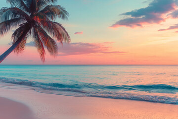 Scenic ocean sunset, tropical beach with coconut palm trees on the exotic caribbean sea shore