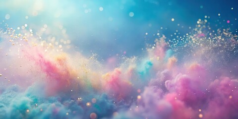 Soft focus shot of pastel-colored powder particles drifting gently through the sky, creating a dreamy and ethereal scene