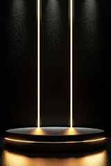 Shiny podium illuminated with soft lights on black backdrop