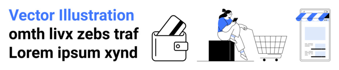 Wallet with credit cards, person using mobile while sitting on a box next to a shopping cart, storefront with awning. Ideal for e-commerce, online shopping, digital payments, retail, mobile apps