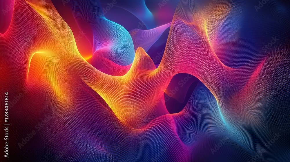 Poster an abstract design with particles forming geometric shapes, constantly rearranging into new structur