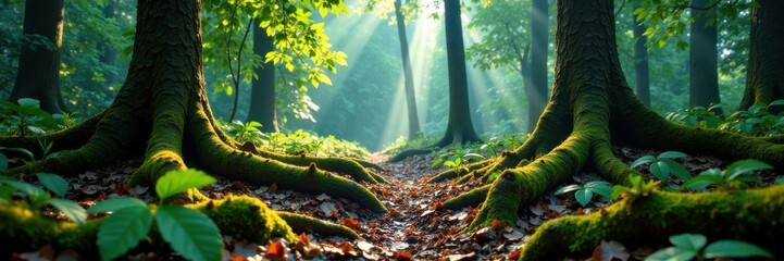 Misted forest floor with fallen branches and tree roots, grunge background, wood texture