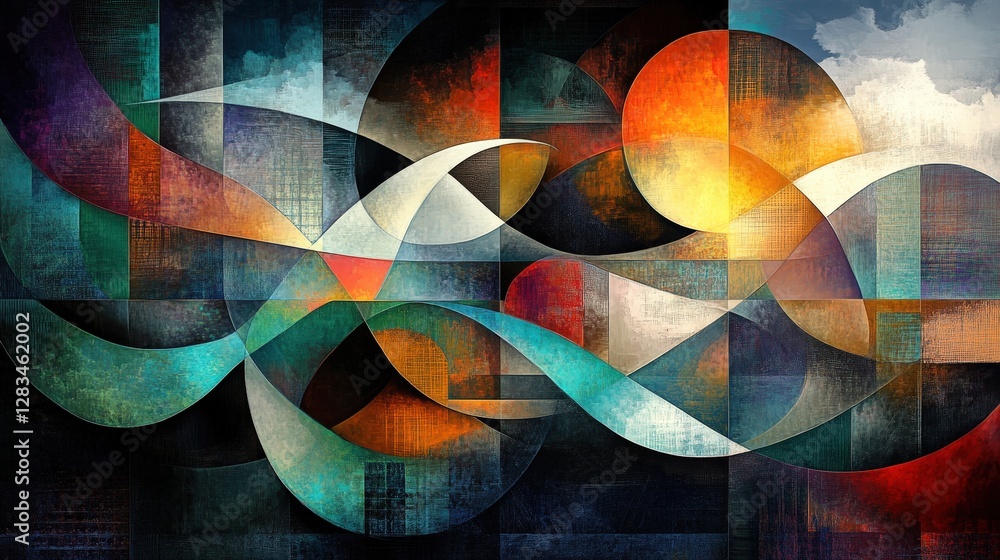 Poster an abstract digital artwork featuring geometric shapes and flowing patterns, with vibrant gradients 