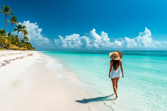 Woman in dress and straw hat walks along a beautiful, white sand beach Punta Cana, Dominican Republic. Island beach landscape, perfect tropical paradise for summer holiday - Powered by Adobe