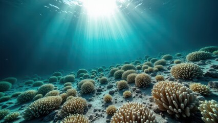 Naklejka premium Sunlit underwater view of a coral reef affected by bleaching with damaged corals on the ocean floor 