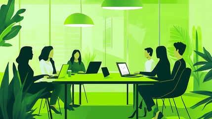 Creative team exchanging ideas at a modern conference table with green laptops