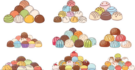 piled up colorful truffles illustration set