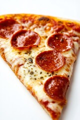 Pepperoni pizza slice topping with cheese and herbs on white background delicious fast food favorite snack slice restaurant treat craving indulgence.