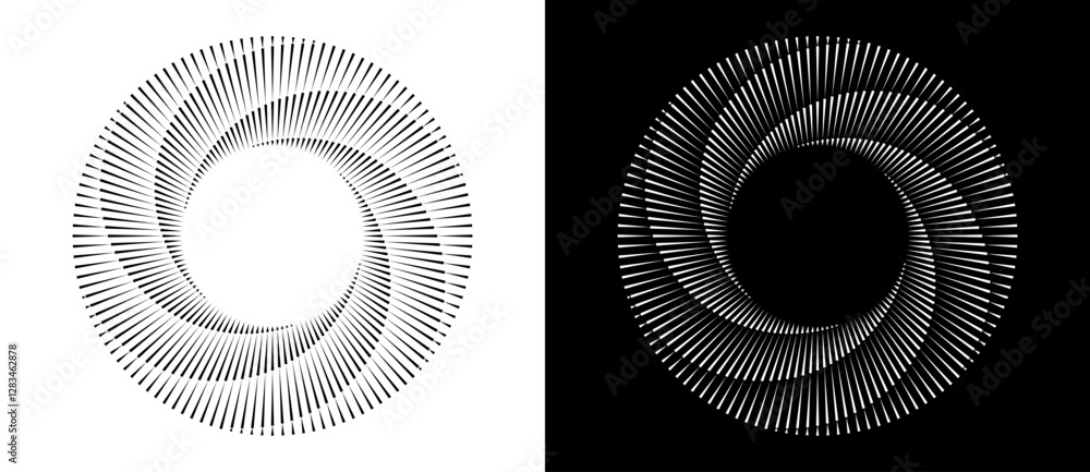 Poster spiral with lines in circle as dynamic abstract vector background or logo or icon. black spiral on w