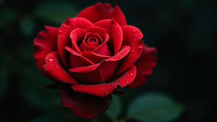 Red rose with dew drops on petals