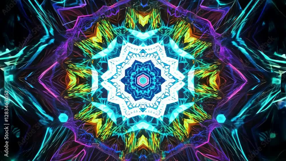 Poster intricate and vibrant patterns pulse and shift, creating a stunning kaleidoscopic effect. the colors
