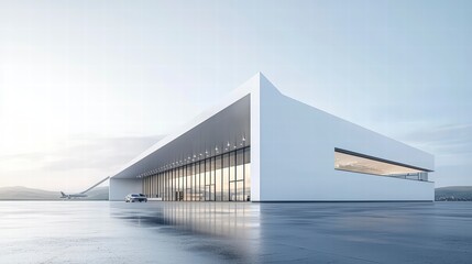 Obraz premium Architectural Marvel: A modern, minimalist airport terminal bathed in soft sunlight, with clean lines and a reflective surface, showcasing the beauty of contemporary design.