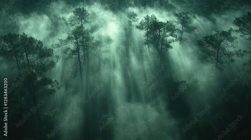Poster ethereal light rays through foggy forest scenic with towering pine trees and dense atmosphere in ove