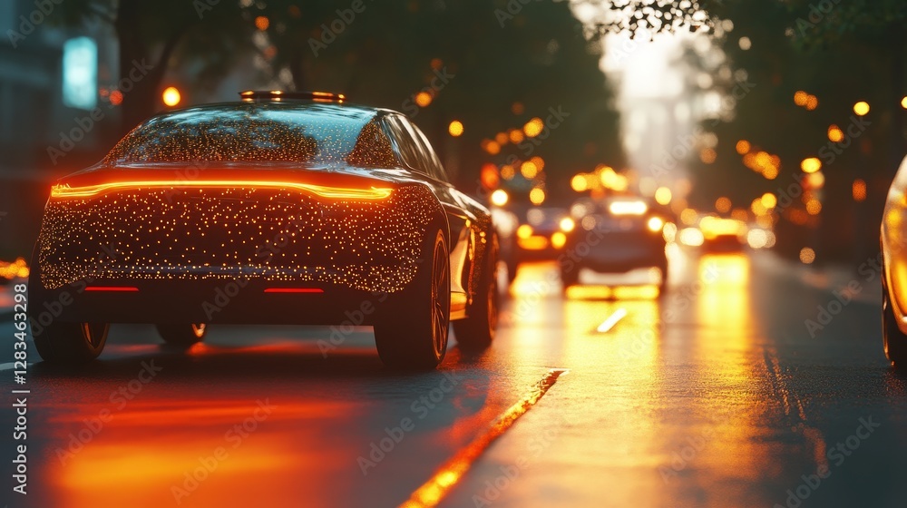 Poster an advanced autonomous car on the road, using ai and sensors to navigate through traffic