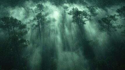 Ethereal Light Rays Through Foggy Forest Scenic with Towering Pine Trees and Dense Atmosphere in Overcast Weather Conditions