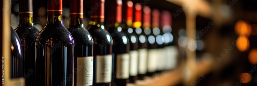 Poster rows of red wine bottles displayed on wooden shelves in a well lit wine cellar. generative ai