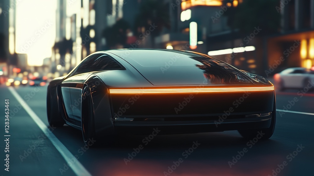 Poster an advanced autonomous car on the road, using ai and sensors to navigate through traffic