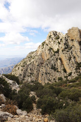 The mountain panorama opening from the hiking path to pick Puig Campana, Finestrat, Benidorm, Spain   
