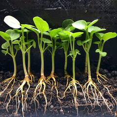Five day old bean sprouts with longer stems show vibrant vitality, promising growth and healthy root systems, conveying sense of flourishing life