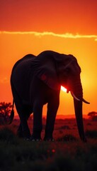 Fototapeta premium Elephant silhouette in the savannah at sunset , silhouettes, sunsets, animals