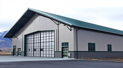 Modern Aircraft Hangar: A spacious and contemporary aircraft hangar with large doors, a modern design, and a backdrop of a cloudy sky.