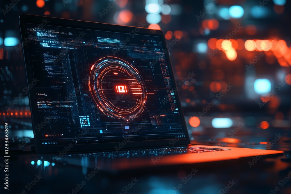 Poster cybersecurity digital interface laptop screen red neon lights futuristic technology modern digital s