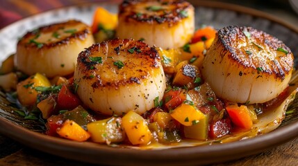 Indulge in the exquisite flavors of golden-brown scallops, perfectly seared and artfully arranged over a colorful, saut&eacute;ed vegetable medley. This culinary masterpiece tempts the senses