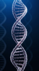 ultra-detailed human DNA helix made of glowing particles, twisting gracefully in an empty dark blue gradient background
