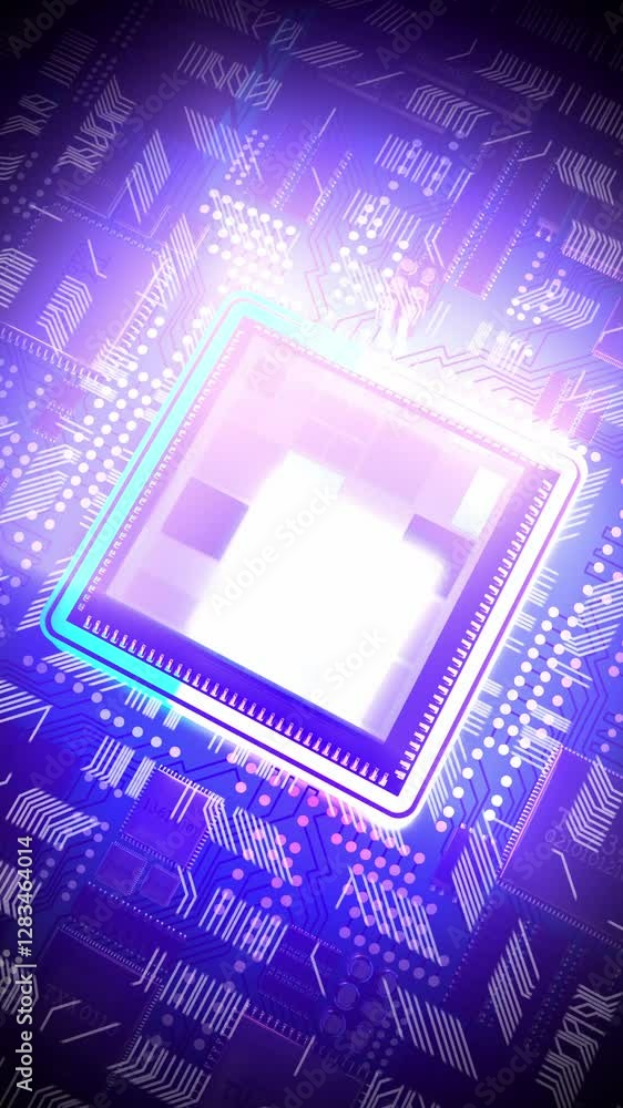 Poster computer processor in ultraviolet color palette - 3d 4k vertical animation (2160x3840 px)