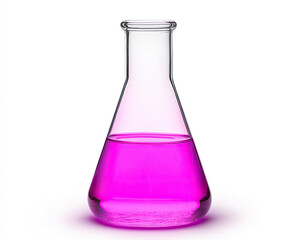 Laboratory flask with pink liquid on white background.
