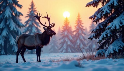 Elk silhouette against snowy forest background, nature, animals in winter, snowy forest