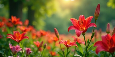 Fototapeta premium Red lily flowers bloom amidst a tapestry of colorful summer blooms, landscape, foliage