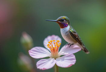 Hummingbird flying to a blossom flower.