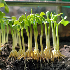 Vibrant bean sprouts reach eagerly for sun, showcasing natures resilience and delicate beauty in miniature form