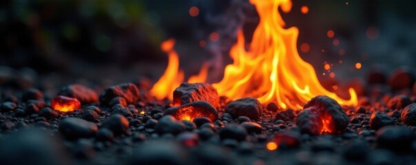Embers dance on darkened surface, flames rise high , heat, glow, ash