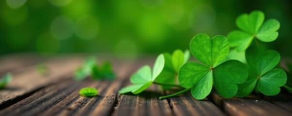 Emerald four-leaf clover on a wooden table, lush green leaves, green leaves, plant, four leaf clover