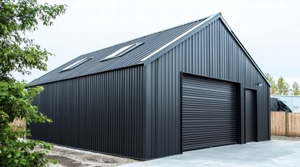 Modern Black Garage: A sleek, contemporary black garage with a corrugated metal exterior, and modern design under a cloudy sky.