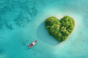 Top view heart shaped tropical paradise island with palm trees lagoon and boat in the turquoise waters of the ocean.