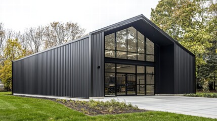 Obraz premium Modern Barn-Style Building: A sleek, modern barn-style building with a black exterior and large glass windows, set against a backdrop of trees and green grass.