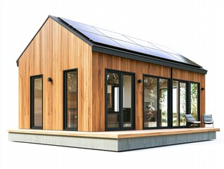 Modern Eco-Home: A modern and sustainable eco-friendly home showcasing solar panels, wooden exterior, and a sleek design, embodying innovation and environmental consciousness.