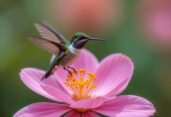 Fototapeta premium Hummingbird flying to a blossom flower.