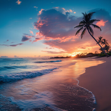 Beautiful sunrise over tropical beach shore and palm trees in dominican republic punta cana bavaro