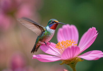 Fototapeta premium Hummingbird flying to a blossom flower.