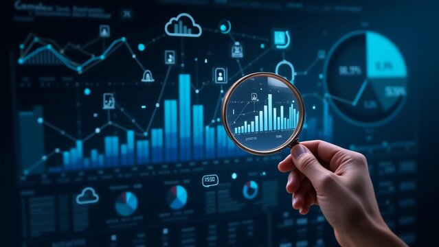 Market analysis and business strategy. Financial and statistical data dashboard.Analyst magnifying graphs and charts.