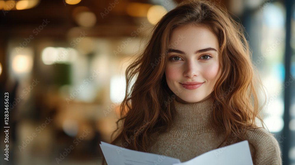 Poster person holding multiple sheets of paper while seated at a desk in a contemporary workspace during th