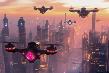 Futuristic cityscape in haze and lots of Swarms of drones in geometric order fly above the robots. Robots of same designs The scene of towering skyscrapers flying vehicles. Humanity and AI technology 