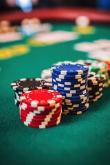 Poker chips stacked on green felt table at casino, close-up of colorful gaming tokens for bets in card games, gambling excitement and strategy in action.