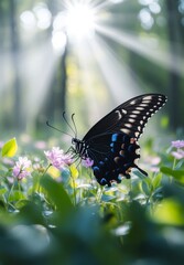 Fototapeta premium The image captures a serene spring or summer morning in a forest, with sunlight filtering through and a butterfly amidst the wild grass, evoking the enchantment and mystery of the natural world